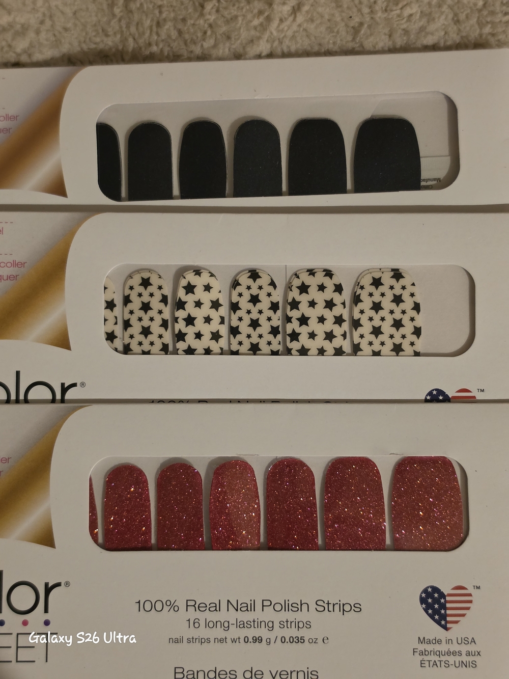 Color Street Black, White Star Print & Pink Glitter Press-On Nail Strips